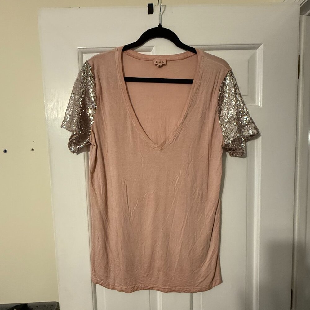 POL women's Sequin sleeved short sleeve knit blouse T-shirt mauve silver M NWOT